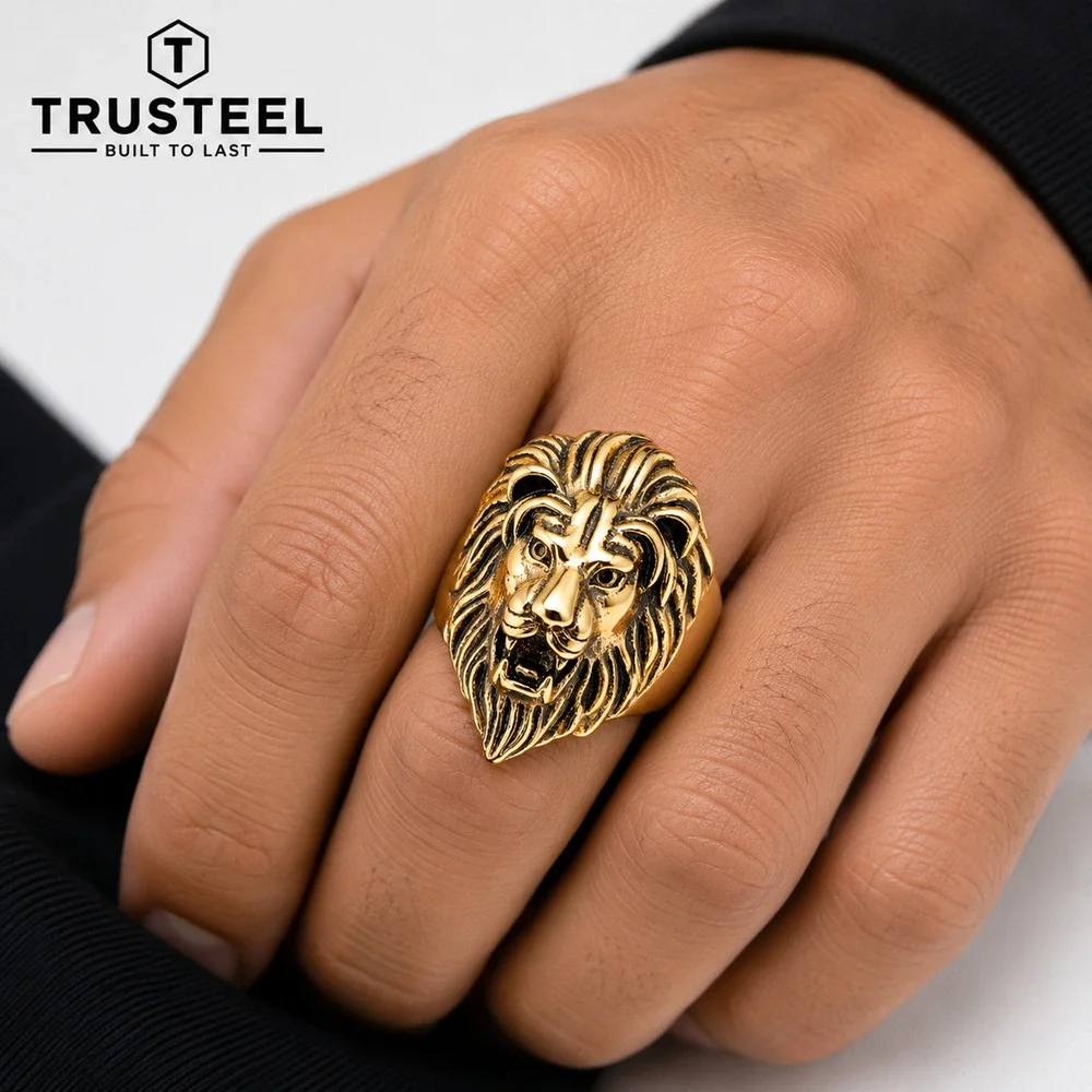 Men’s Stainless Steel Lion Head Ring Roaring King Biker Gothic Statement Size 14